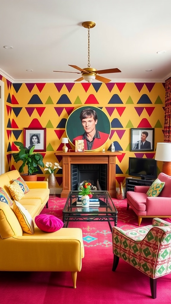A stylish room with Kevin Bacon inspired 80s wallpaper, showcasing vibrant patterns and retro decor.